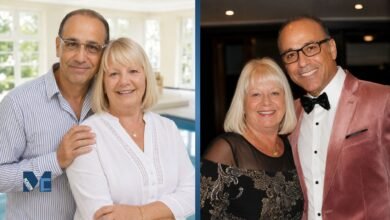 A split image showing Theo Paphitis and his wife Debbie Paphitis posing together in a casual daytime setting on the left, and dressed in formal evening wear on the right.