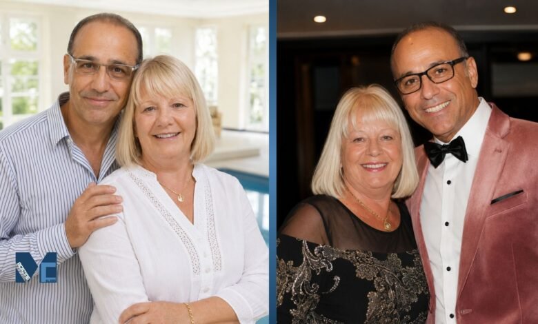 A split image showing Theo Paphitis and his wife Debbie Paphitis posing together in a casual daytime setting on the left, and dressed in formal evening wear on the right.