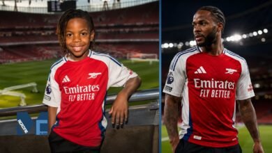 A split-screen image showing young Thiago Sterling smiling in an Arsenal football kit next to his father, professional Premier League footballer Raheem Sterling, at the Emirates Stadium.