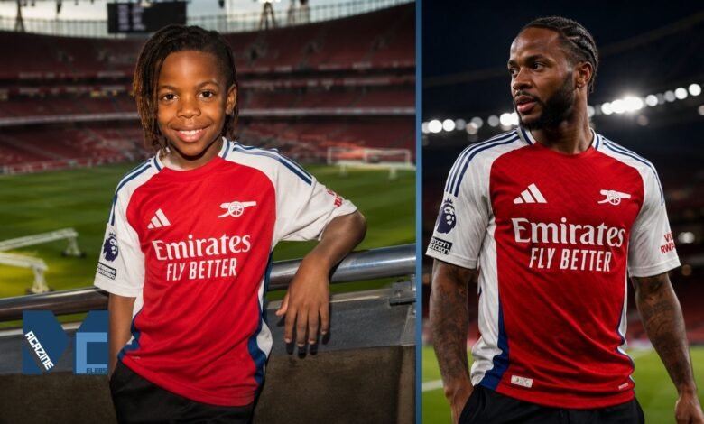A split-screen image showing young Thiago Sterling smiling in an Arsenal football kit next to his father, professional Premier League footballer Raheem Sterling, at the Emirates Stadium.