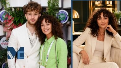 Singer Tom Grennan with his wife Danniella Carraturo at Wimbledon, alongside a portrait of Danniella in a cream suit