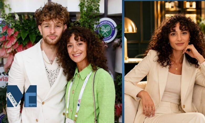 Singer Tom Grennan with his wife Danniella Carraturo at Wimbledon, alongside a portrait of Danniella in a cream suit