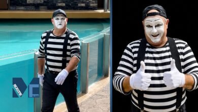 A side-by-side composite image of Tom Munson performing as Tom the Mime. On the left, he wears his signature black and white striped shirt, white gloves, and white face paint while walking near a pool enclosure at SeaWorld Orlando. On the right, a close-up portrait of him smiling broadly and giving a double thumbs-up against a black background.