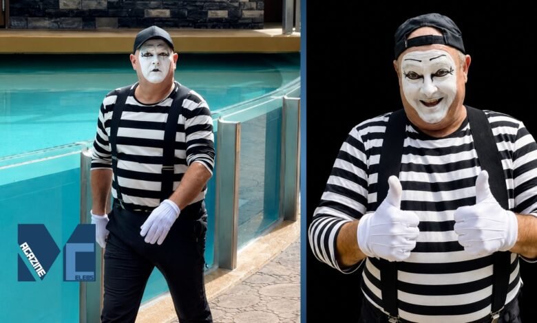 A side-by-side composite image of Tom Munson performing as Tom the Mime. On the left, he wears his signature black and white striped shirt, white gloves, and white face paint while walking near a pool enclosure at SeaWorld Orlando. On the right, a close-up portrait of him smiling broadly and giving a double thumbs-up against a black background.