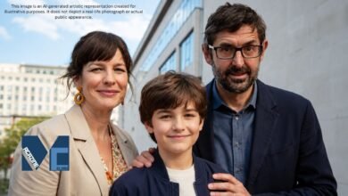 Walter Theroux posing with his parents Louis Theroux and Nancy Strang in an AI-generated family portrait illustration.