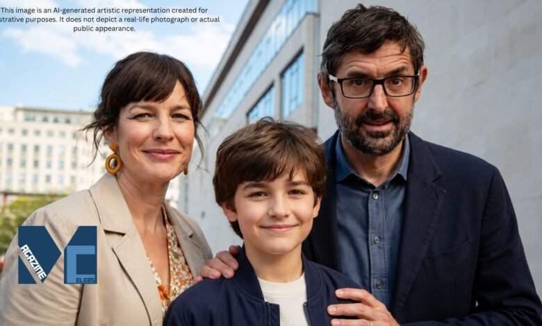 Walter Theroux posing with his parents Louis Theroux and Nancy Strang in an AI-generated family portrait illustration.