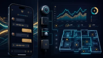 Wattip digital platform interface showcasing end-to-end encrypted chat on a smartphone alongside a smart energy monitoring dashboard with real-time power analytics and IP-rated hardware sensors.