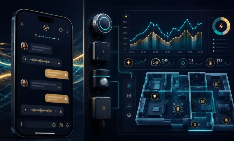 Wattip digital platform interface showcasing end-to-end encrypted chat on a smartphone alongside a smart energy monitoring dashboard with real-time power analytics and IP-rated hardware sensors.