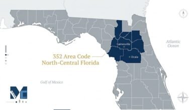 A map of Florida highlighting the north-central region covered by the 352 area code, including Gainesville and Ocala.