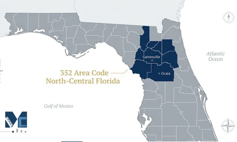 A map of Florida highlighting the north-central region covered by the 352 area code, including Gainesville and Ocala.