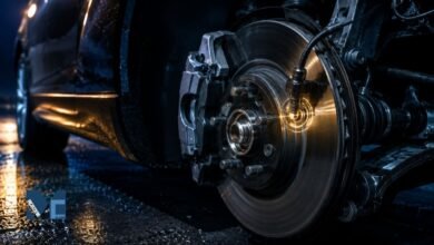 A close-up of a vehicle's brake disc, caliper, and suspension under dramatic lighting, highlighting a glowing ABS wheel speed sensor.