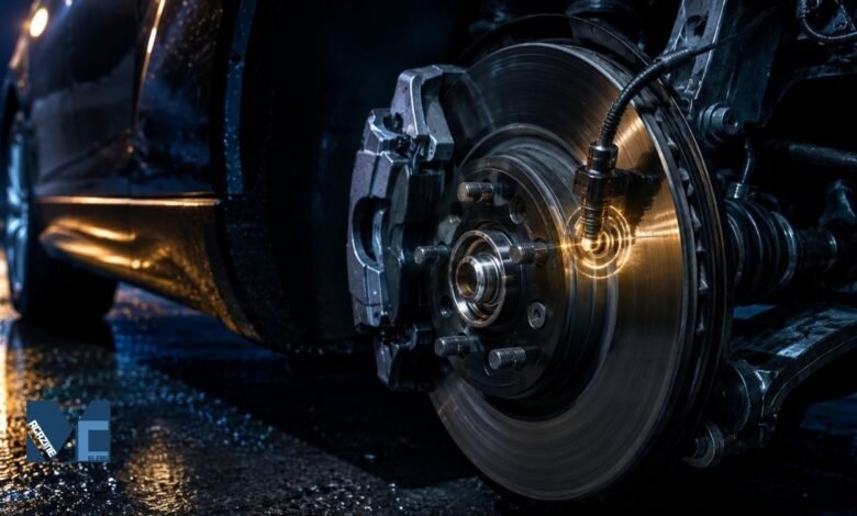 A close-up of a vehicle's brake disc, caliper, and suspension under dramatic lighting, highlighting a glowing ABS wheel speed sensor.