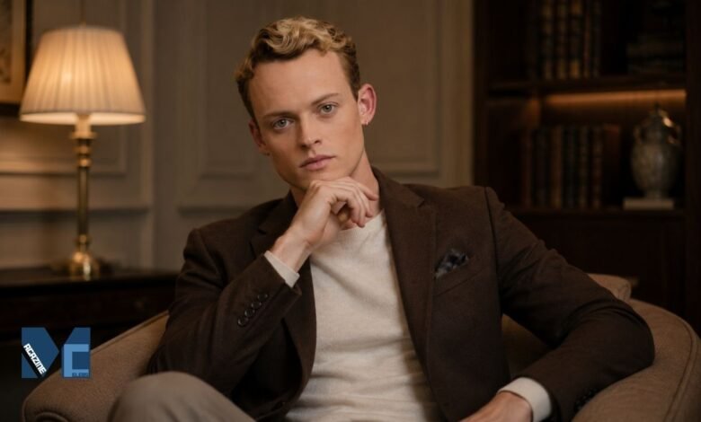 A sophisticated portrait of British actor Anson Boon sitting in a study, wearing a brown blazer over a beige sweater.