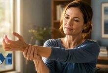 A middle-aged woman looking at her wrist and hand, experiencing joint pain and stiffness associated with arthritis.
