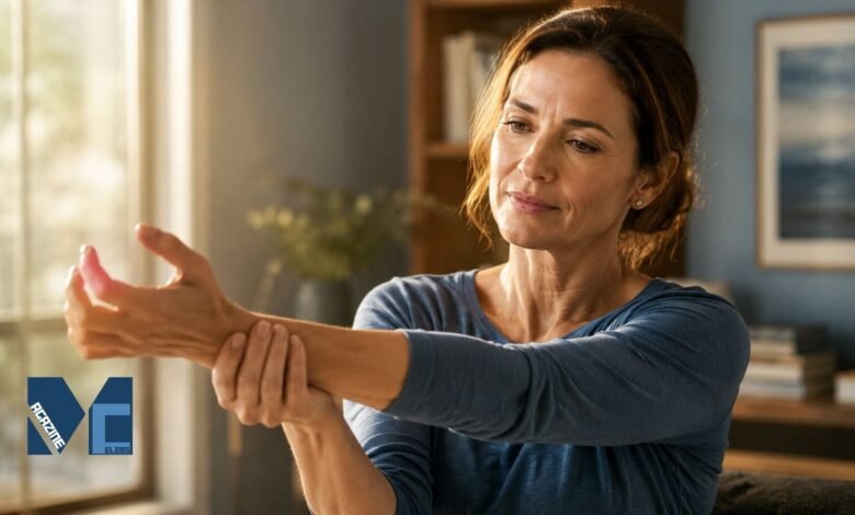 A middle-aged woman looking at her wrist and hand, experiencing joint pain and stiffness associated with arthritis.