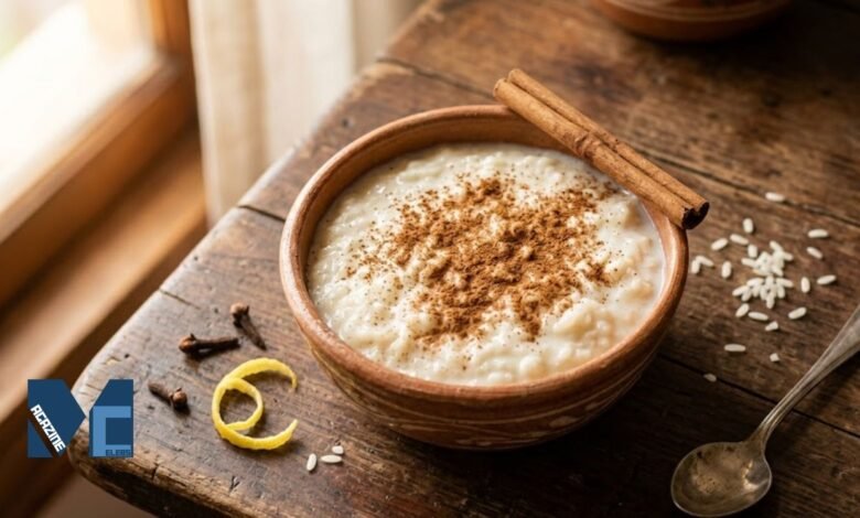 A traditional clay bowl filled with creamy arroz con leche boliviano, heavily dusted with ground cinnamon, placed on a wooden table alongside cinnamon sticks and cloves.