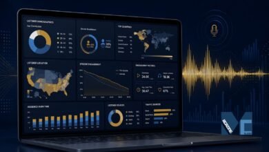 A laptop screen displaying the BackToFrontShow analytics dashboard with listener demographics, episode engagement graphs, and audience location maps.