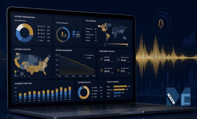 A laptop screen displaying the BackToFrontShow analytics dashboard with listener demographics, episode engagement graphs, and audience location maps.