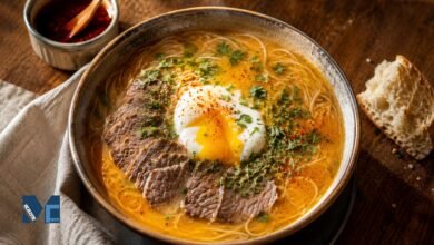 A traditional ceramic bowl of authentic Peruvian Sopa Criolla with a golden-red beef broth, fideos noodles, a soft-poached egg, and fresh bread on a rustic wooden table.