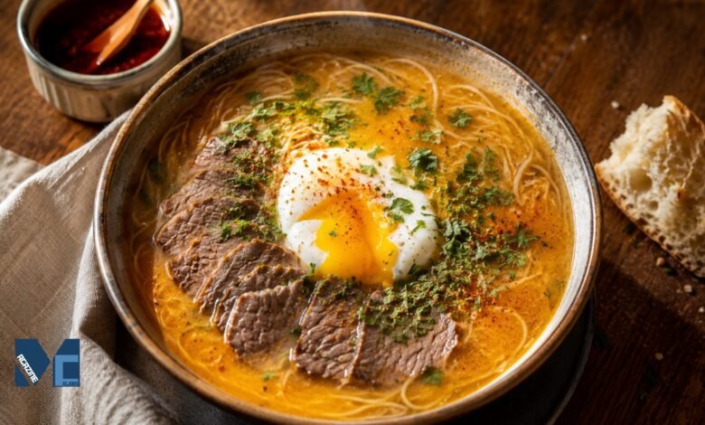 A traditional ceramic bowl of authentic Peruvian Sopa Criolla with a golden-red beef broth, fideos noodles, a soft-poached egg, and fresh bread on a rustic wooden table.