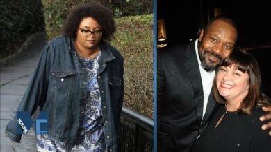 A split photo featuring Billie Henry walking outdoors on the left, and her parents Sir Lenny Henry and Dawn French smiling together on the right.