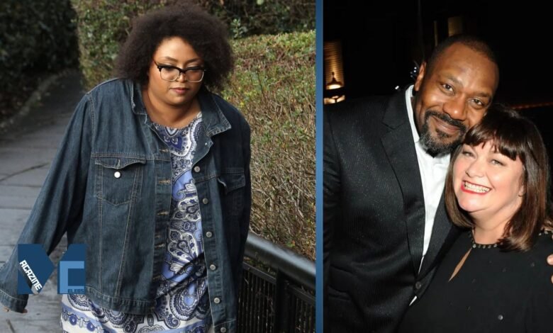 A split photo featuring Billie Henry walking outdoors on the left, and her parents Sir Lenny Henry and Dawn French smiling together on the right.