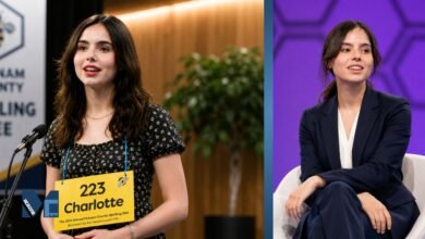Charlotte Walsh speaking at a spelling bee competition and participating in a professional conference panel discussion.