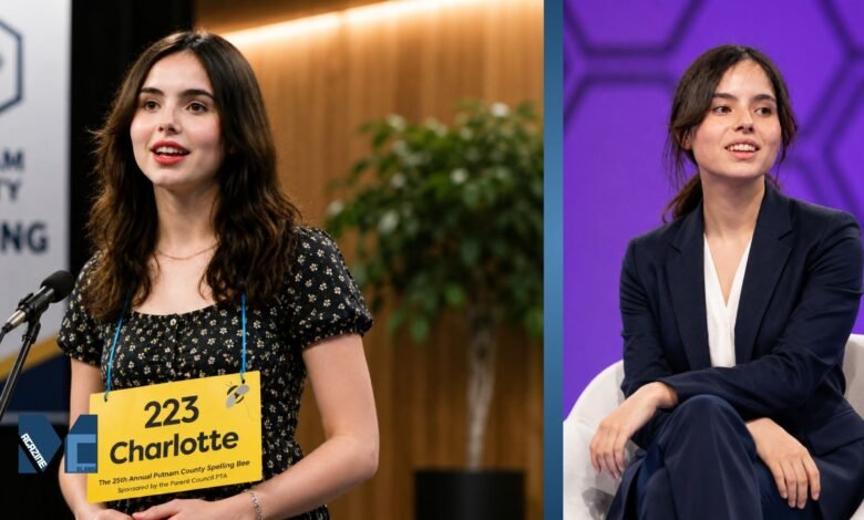 Charlotte Walsh speaking at a spelling bee competition and participating in a professional conference panel discussion.