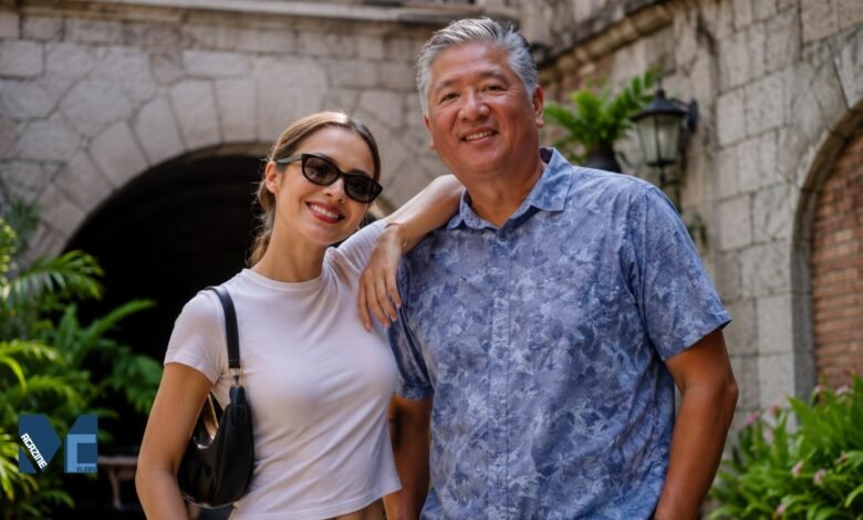 A warm portrait of Chris Rodrigo smiling alongside his daughter, global pop star Olivia Rodrigo, standing together in a scenic outdoor setting with stone archways.