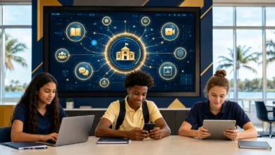 Three diverse students using a laptop, smartphone, and tablet in a modern classroom, with a large smart screen behind them displaying a connected digital education network hub representing Colegia.