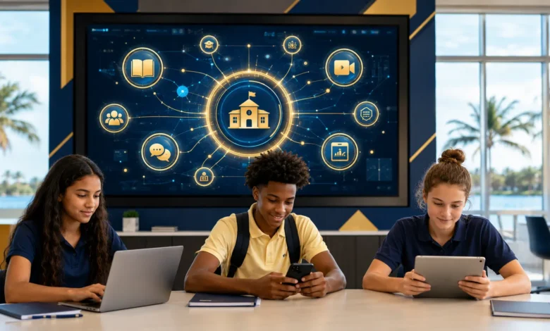 Three diverse students using a laptop, smartphone, and tablet in a modern classroom, with a large smart screen behind them displaying a connected digital education network hub representing Colegia.