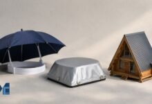 A hands-free umbrella hat, a silver magnetic car roof cap, and a wooden A-frame eco-cabin illustrating the different meanings of Dachhut.