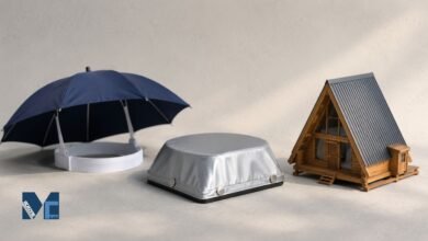 A hands-free umbrella hat, a silver magnetic car roof cap, and a wooden A-frame eco-cabin illustrating the different meanings of Dachhut.