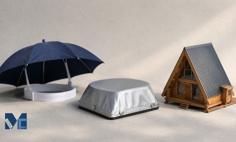 A hands-free umbrella hat, a silver magnetic car roof cap, and a wooden A-frame eco-cabin illustrating the different meanings of Dachhut.