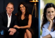 Diane Antonopoulos posing with her husband Luke Donald in an elegant portrait alongside a solo outdoor photograph.