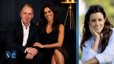 Diane Antonopoulos posing with her husband Luke Donald in an elegant portrait alongside a solo outdoor photograph.
