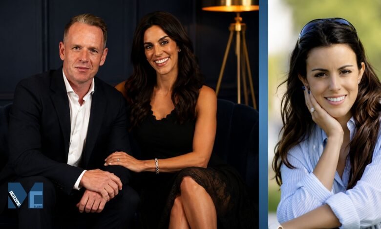 Diane Antonopoulos posing with her husband Luke Donald in an elegant portrait alongside a solo outdoor photograph.