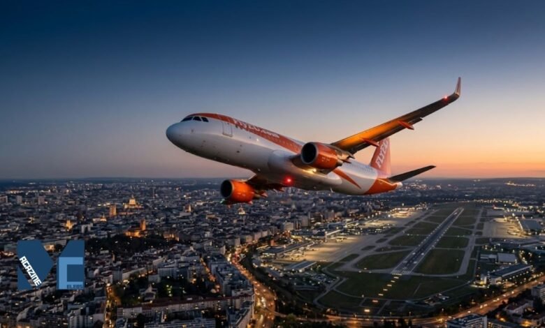 A commercial passenger jet climbing over an illuminated city and airport at dusk, representing the EasyJet flight U24429 emergency departing from Lyon.