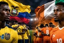 Ecuador and Ivory Coast players facing off before their FIFA World Cup 2026 Group E match in a stadium atmosphere