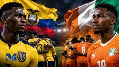 Ecuador and Ivory Coast players facing off before their FIFA World Cup 2026 Group E match in a stadium atmosphere