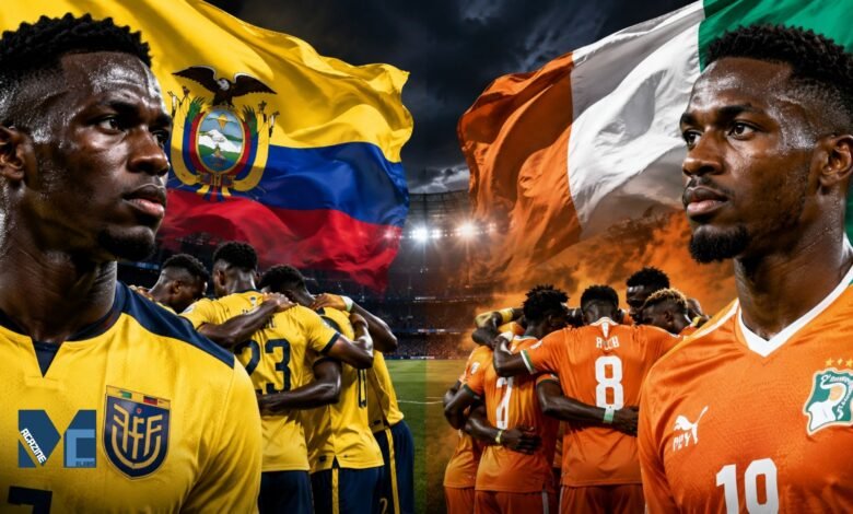 Ecuador and Ivory Coast players facing off before their FIFA World Cup 2026 Group E match in a stadium atmosphere