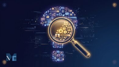 A digital magnifying glass hovering over social media and technology icons forming a question mark, representing the search to understand the trending internet term Fappelo.