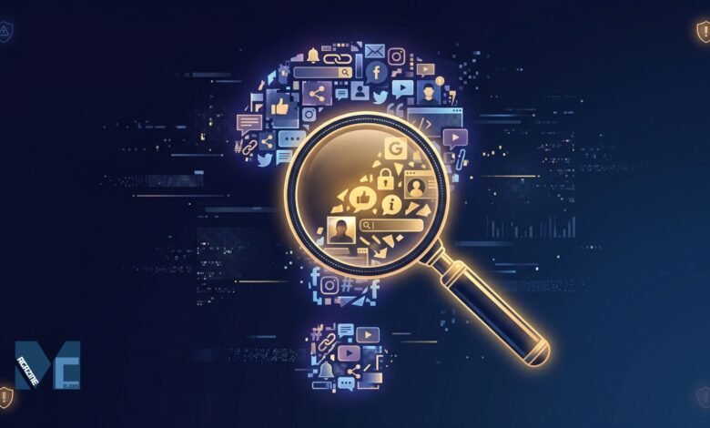 A digital magnifying glass hovering over social media and technology icons forming a question mark, representing the search to understand the trending internet term Fappelo.