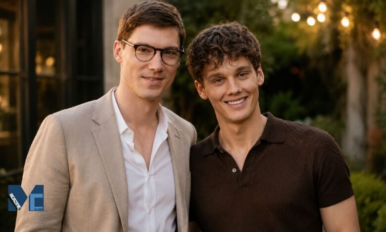 Litigation attorney Fielder Jewett in a beige blazer and glasses standing next to his husband, actor Hunter Doohan, smiling at an outdoor evening event.