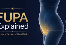 A 3D anatomical illustration explaining the FUPA meaning, highlighting the female lower abdominal and pubic area fat distribution with text indicating causes and fat loss solutions.