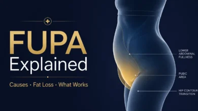 A 3D anatomical illustration explaining the FUPA meaning, highlighting the female lower abdominal and pubic area fat distribution with text indicating causes and fat loss solutions.