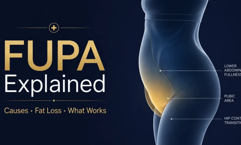 A 3D anatomical illustration explaining the FUPA meaning, highlighting the female lower abdominal and pubic area fat distribution with text indicating causes and fat loss solutions.