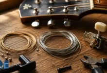 Acoustic and electric guitar strings with string winder, wire cutters, bridge pin and tuning machine head on a wooden surface