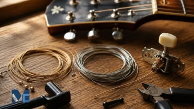 Acoustic and electric guitar strings with string winder, wire cutters, bridge pin and tuning machine head on a wooden surface