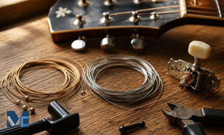 Acoustic and electric guitar strings with string winder, wire cutters, bridge pin and tuning machine head on a wooden surface